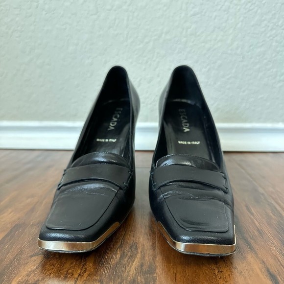 ESCADA Square Toe Gold Accent Black Leather Pump Heels ITALY MADE - Picture 3 of 10